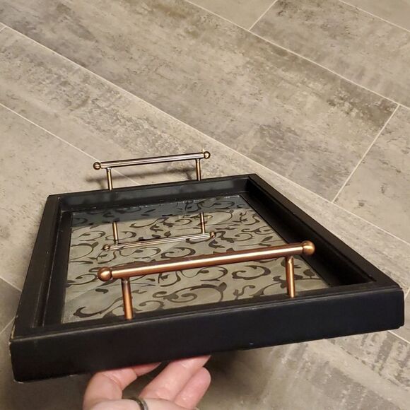 Heavy Glass Wooden w/Copper Handle Tray - Picture 2 of 7